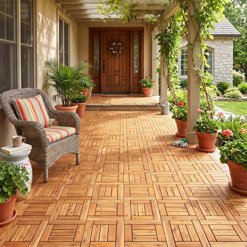 27 Piece Interlocking Wood Deck Tiles for Backyard Patio Porch and Poolside-Natural image number 6