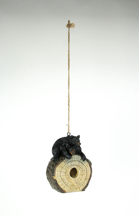 Playful Black Bears On Cut Log Polyresin Hanging Birdhouse