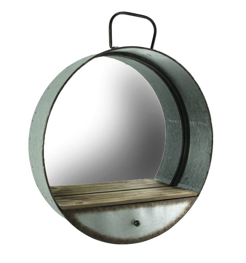 Rustic Galvanized Metal Tub Frame Round Wall Mirror with Drawer image number 0