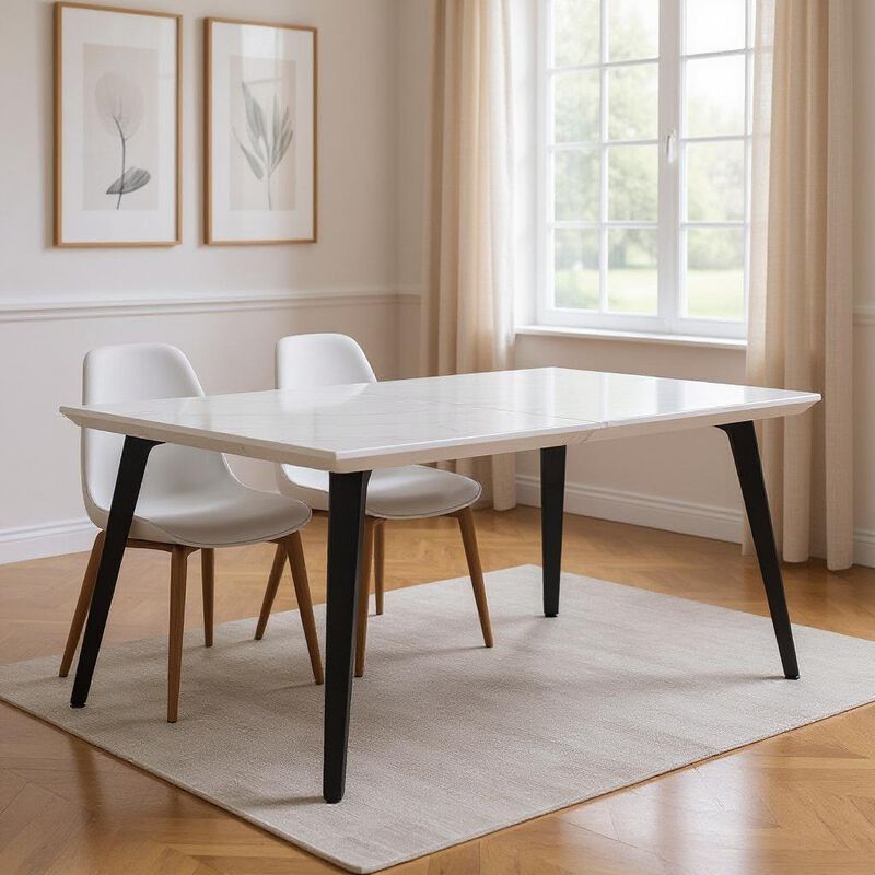 HomeRoots 63" White and Black Faux Marble and Metal Dining Table
