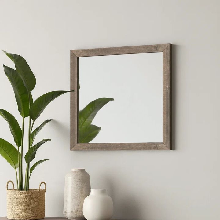 Transitional Square Shape Wooden Frame Mirror with Textured Details, Brown