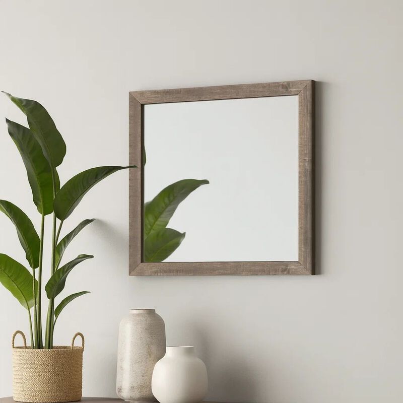Transitional Square Shape Wooden Frame Mirror with Textured Details, Brown image number 1