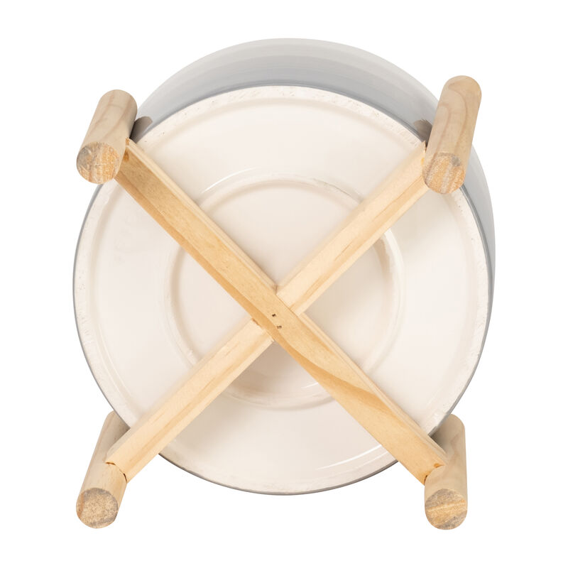 8" Ceramic Planter with Wood Stand, Beige Mix