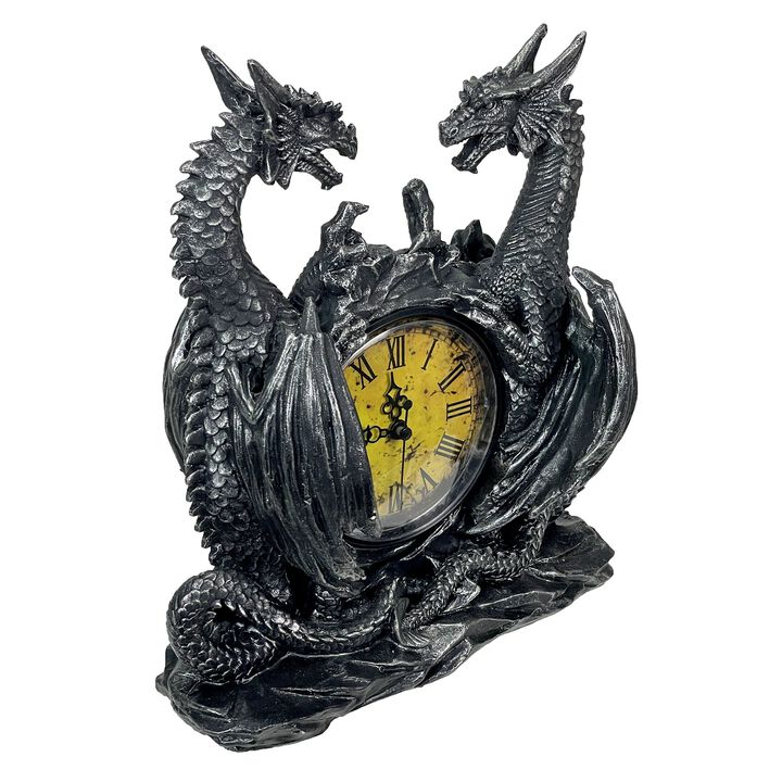 Twin Evil Dragons Antiqued Mantel Clock Table Desk