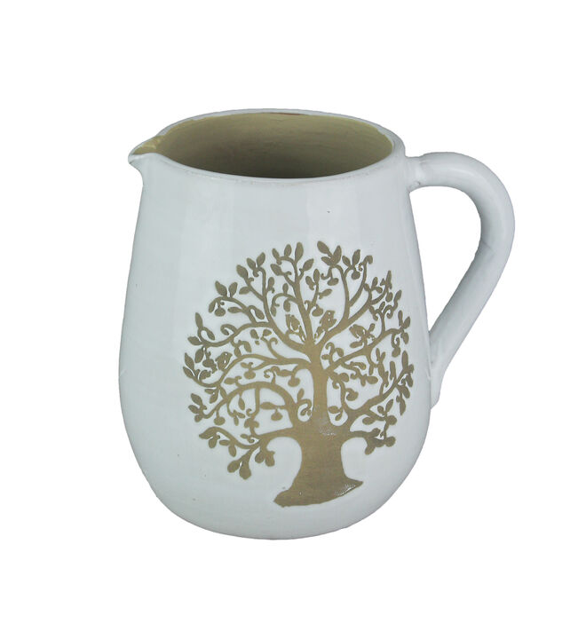 White Ceramic Vintage Finish Family Tree Design Decorative Pitcher