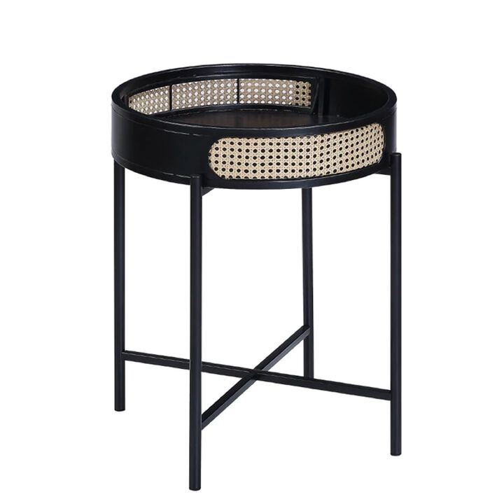 Bert 24 Inch Round End Table, Rattan Apron Accent, Metal Legs, Black