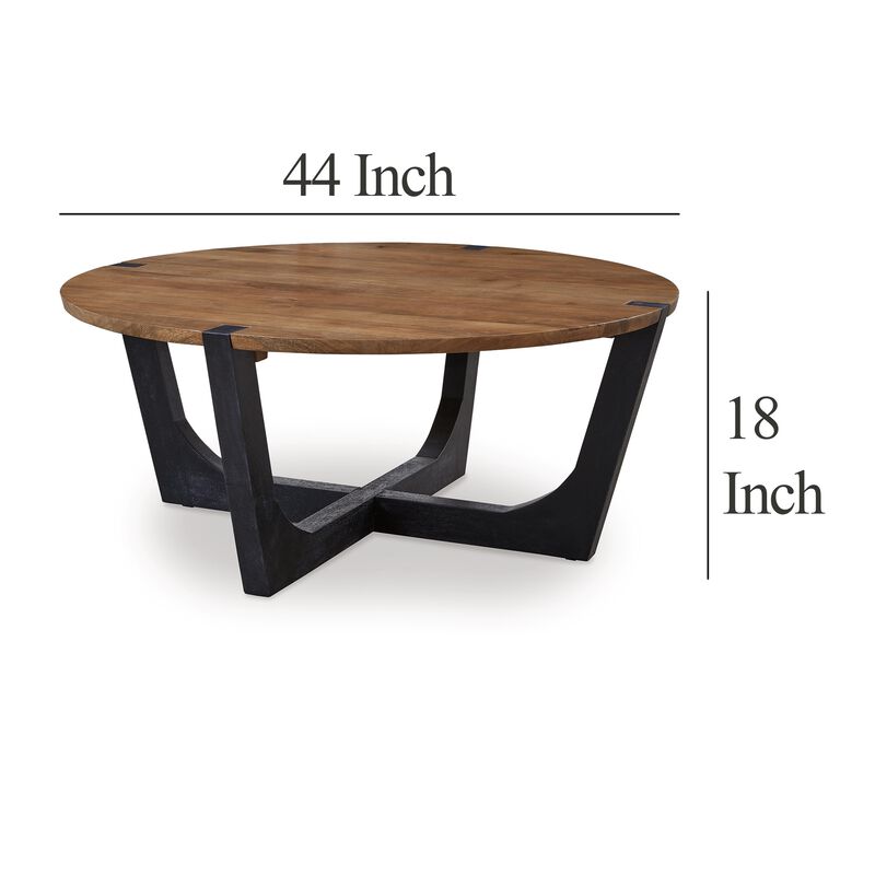 Leyi Round Coffee Table, Angled Legs, 44 Inch Brown Mango Wood
