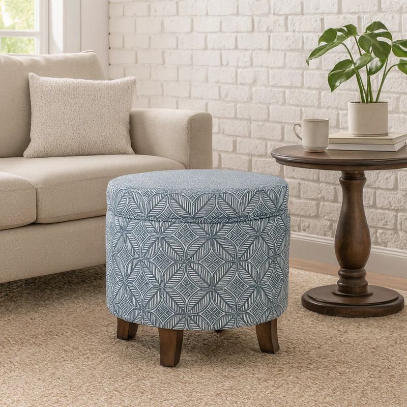 Loni Round Storage Ottoman, 19 Inch Indigo Blue Pattern, Walnut Brown image number 1