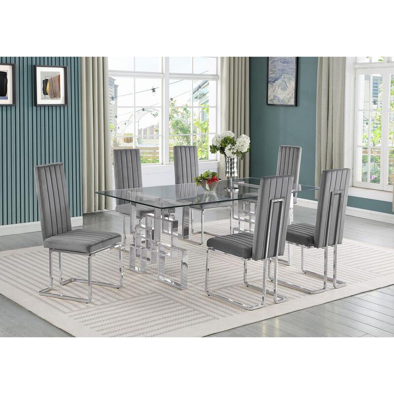 7-piece glam dining set with 6 Dark grey chairs and one 79" glass  table