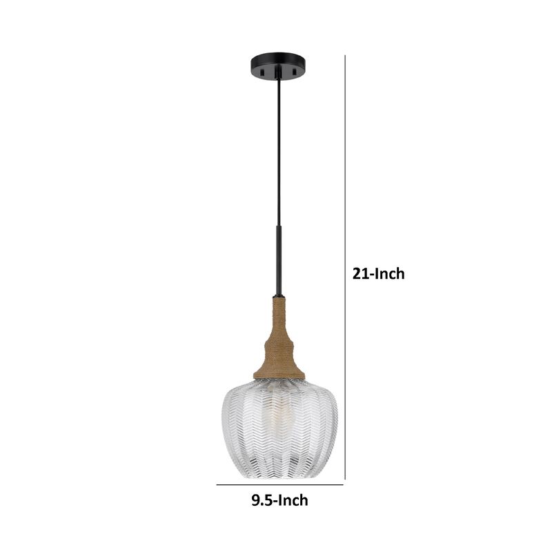 Pendant Light, Leaf Pattern Glass Shade, Burlap Rope Accent, Black Metal image number 7