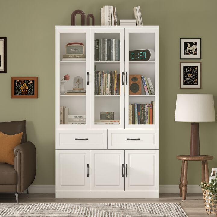 FUFU&GAGA Bookcase with Glass Doors, Drawers, and Storage Cabinets (47.2" W x 15.7" D x 78.7" H) White