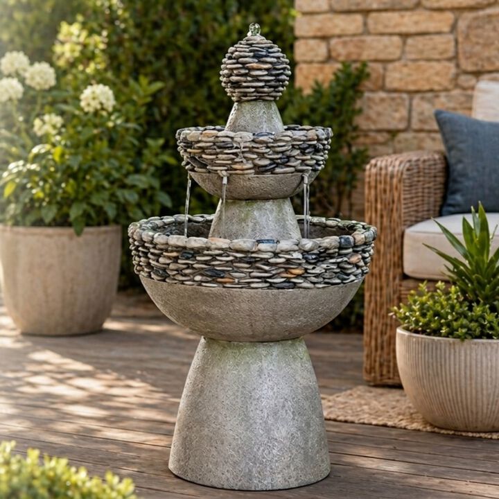 3-Tier Stone Pedestal Water Fountain, Gray