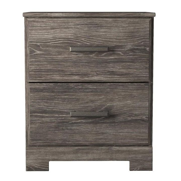 Lin 24 Inch Rustic Wood Nightstand, 2 Drawers, Gray Oak Grain Details-Benzara