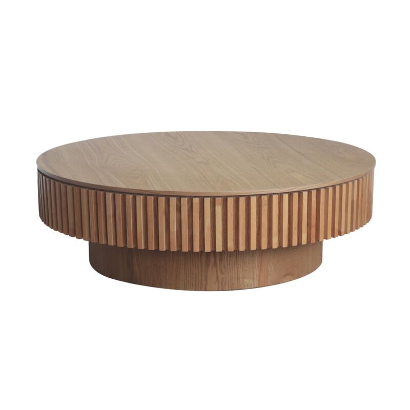 Round coffee table with storage Solid wood veneer and MDF coffee table with fluted base Modern accent coffee table for living room image number 5