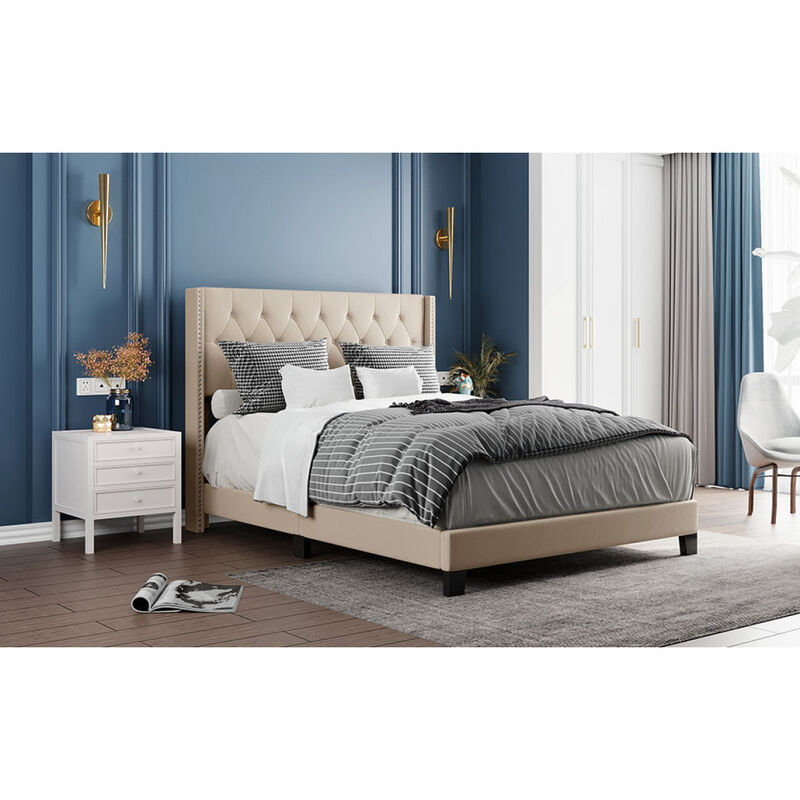 Upholstered Platform Bed with Classic Headboard, Box Spring Needed, Gray Linen Fabric, Queen Size