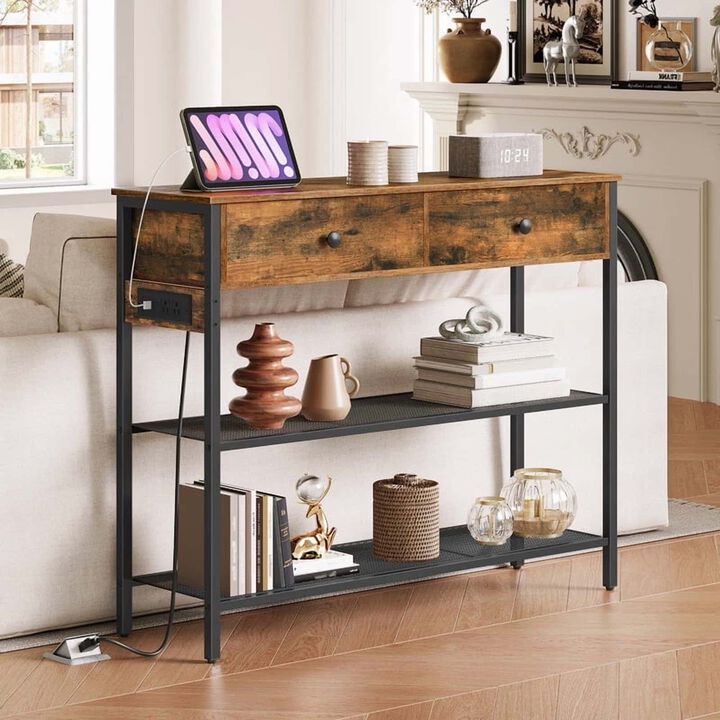 3-Tier Industrial Slim Console Table with Charging Station & Drawers