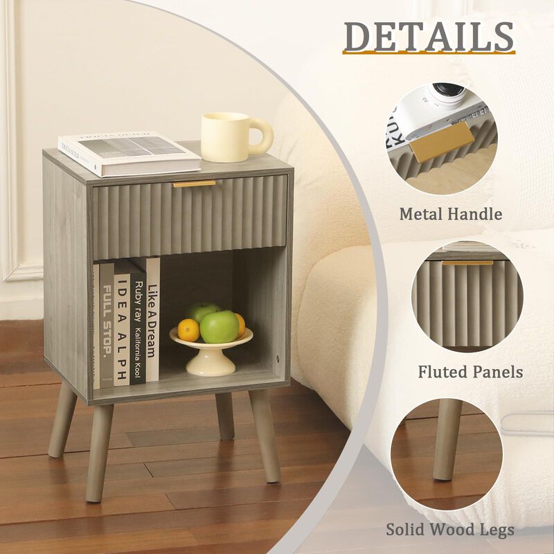 Fultyle Grey Wood Nightstand with Charging Station, Modern Bedside Table with Fluted Drawers and Storage Shelf, End Side Tables