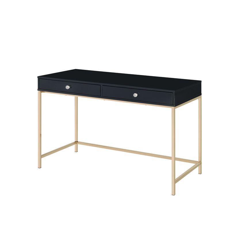 Writing Desk with 2 Storage Compartments, Black and Gold - Benzara