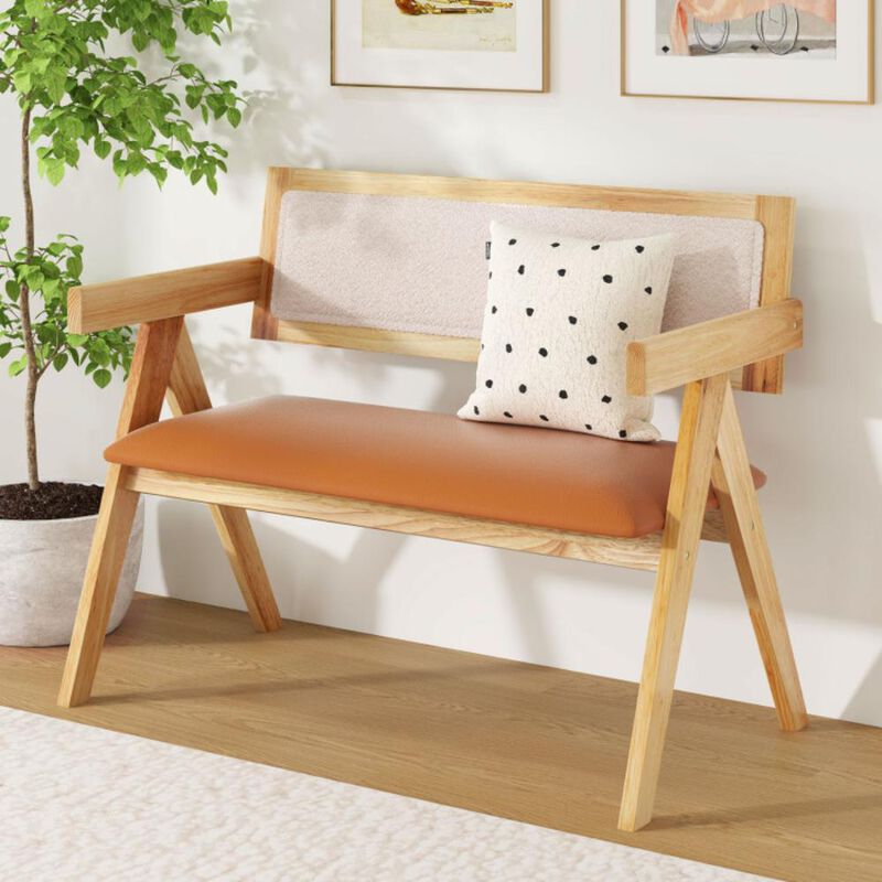 Hivvago Rubber Wood Dining Bench with Armrest Sherpa Upholstered Backrest and Soft-padded Seat