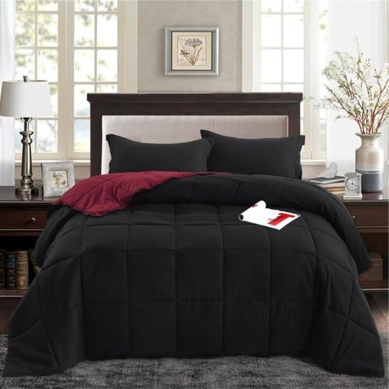 Hivvago Full/Queen Traditional Microfiber Reversible 3 Piece Comforter Set in Black/Maroon