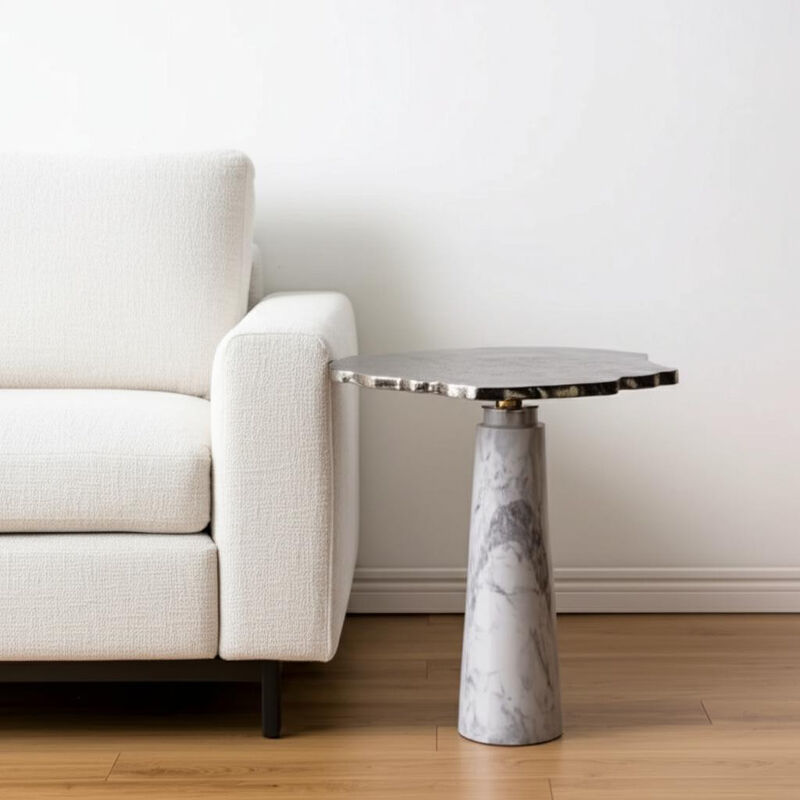 Hivvago 22 Inch Silver and White Aluminum and Marble Pedestal End Table