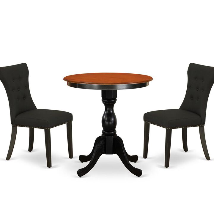 East West Furniture 3-Piece Modern Dining Set Contains a Dinner Table and 2 Black Linen Fabric Parson Chairs with Button Tufted Back - Black Finish
