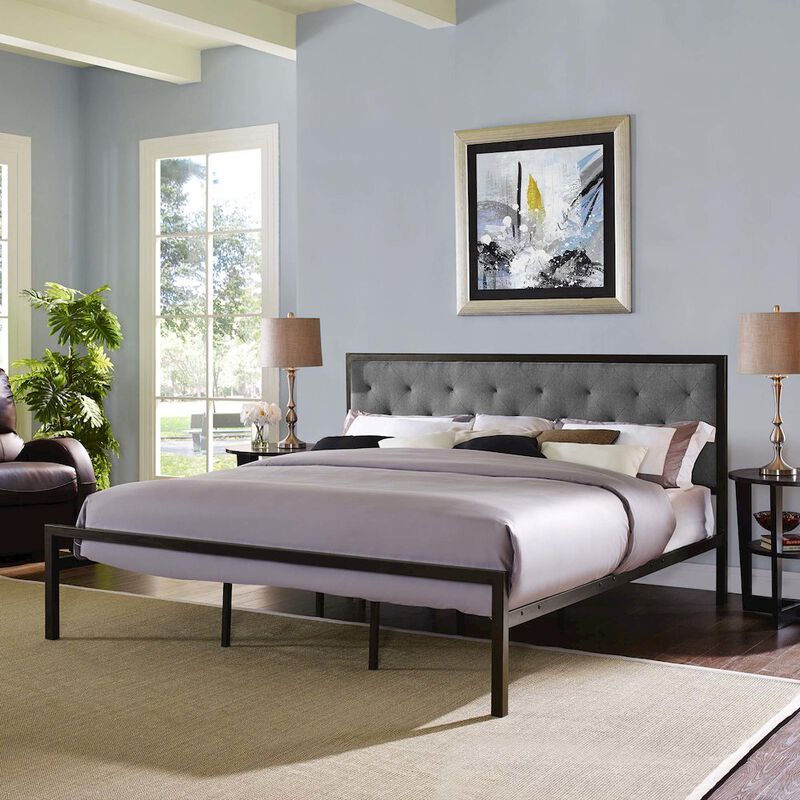 Mia Upholstered Brown Beige Tufted Platform Bed image number 5