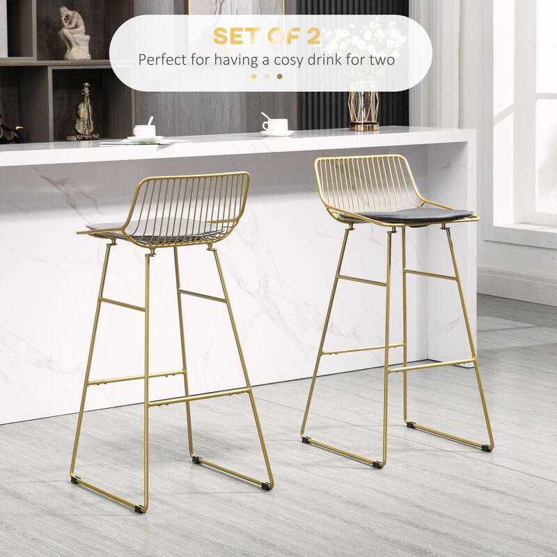 Modern Bar Stools Set of 2, Metal Wire Bar Height Barstools, Bar Chairs for Kitchen with Removable Cushion, Back and Footrest, Gold