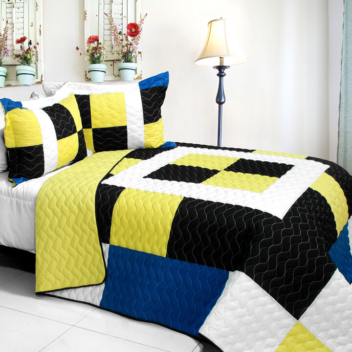 3PC Vermicelli-Quilted Patchwork Quilt Set Yellow Soft Lightweight Bedding