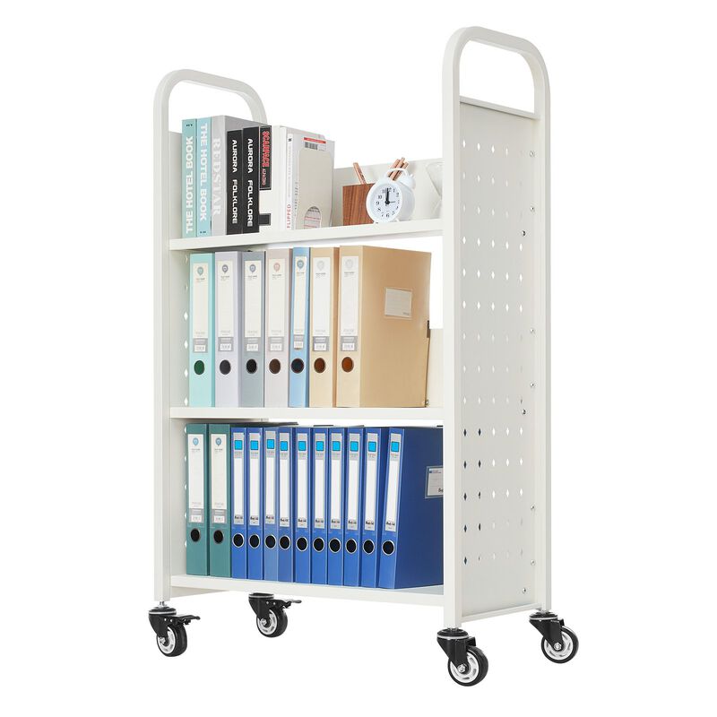 Rolling Library Book Cart with Lockable Wheels, L Shape Shelves for Home Office image number 3
