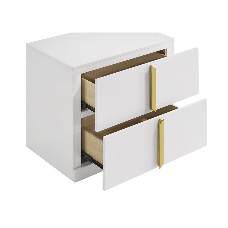 Orion Nightstand with 2 Drawers, Gold Metal Pulls, White Gloss Wood image number 4