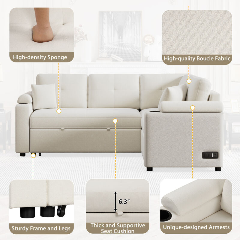 87.4" L-Shape Sofa Bed PUllout Sleeper Sofa with Wheels, USB Ports, Power Sockets for Living Room, Beige