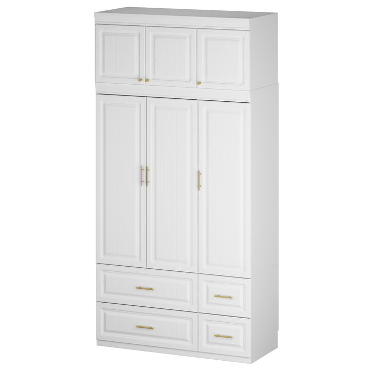White 6-Door Big Wardrobe Armoires with Hanging Rod, 4-Drawers, Storage Shelves 93.7 in. H x 47.2 in. W x 20.6 in. D
