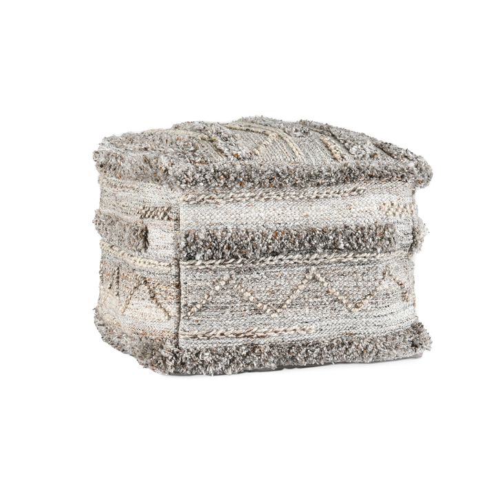 Anny Ottoman Pouf, 18 Inch Gray Polyester, Boho Knitted Texture - Benzara