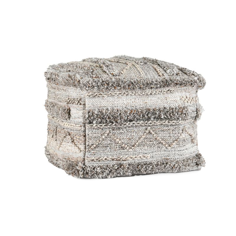 Anny Ottoman Pouf, 18 Inch Gray Polyester, Boho Knitted Texture - Benzara
