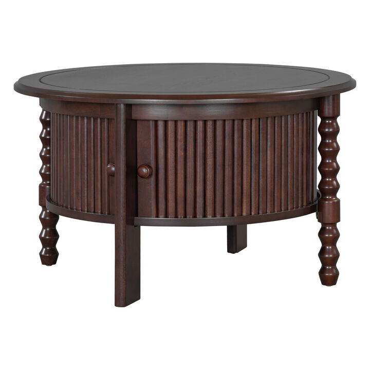 Merax 30.3" Vintage Round Coffee Table with Storage - Mid Century Modern Cocktail Table with Sliding Door & Slatted Design for Small Spaces