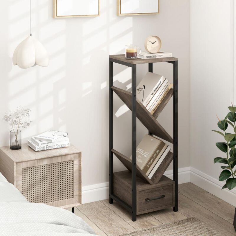Hivvago 4 Tier Floor Tree Bookshelf with Drawer and Metal Frame