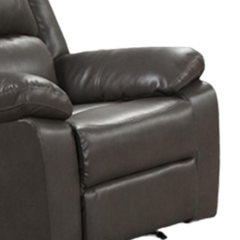 Lizzy Manual Glider Recliner Chair, Pillow Arms, Solid Wood, Gray Leather - Benzara