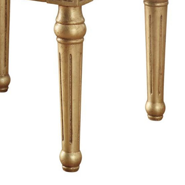 Marble Top End Table With Fluted Detail Wooden Turned Legs, Gold-Benzara