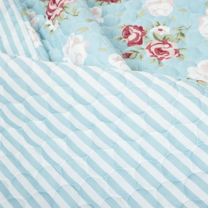Hivvago Vintage Rose Ruffle Edge Light Quilt Set in Blue White and Pink