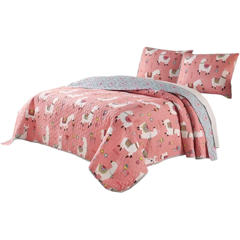 Reversible Floral Llama 100-Percent Cotton Quilt Set