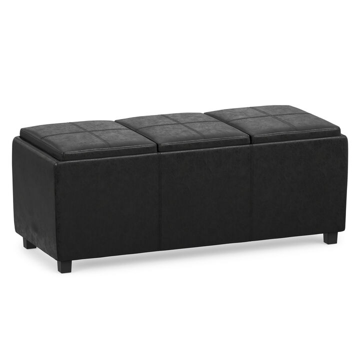 Avalon 42 inch Wide Contemporary Rectangle Storage Ottoman in Distressed Black Vegan Faux Leather, Assembled