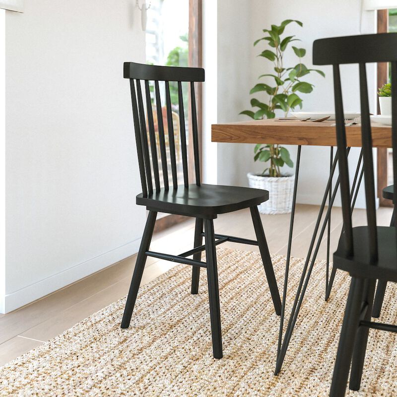 Flash Furniture Set of 2 Windsor Dining Chairs, Solid Wood Armless in Black image number 9