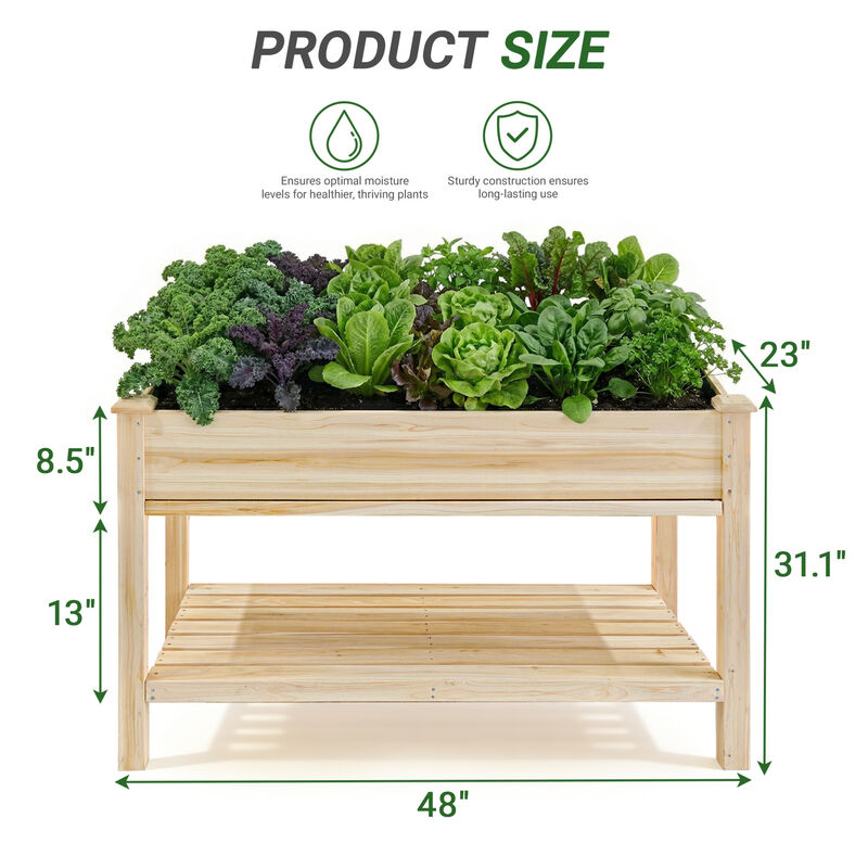 WOW PIONEER Elevated Solid Wood Raised Garden Bed with Water Collection Tray, Storage Shelf, Protective Liner image number 2