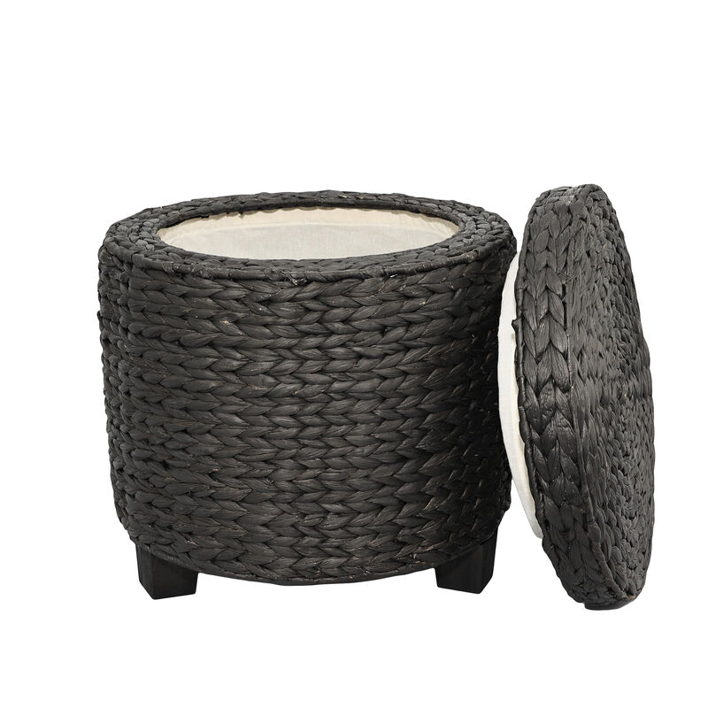 Addie 17.72" Modern Coastal Handwoven Water Hyacinth Storage Ottoman with Lid