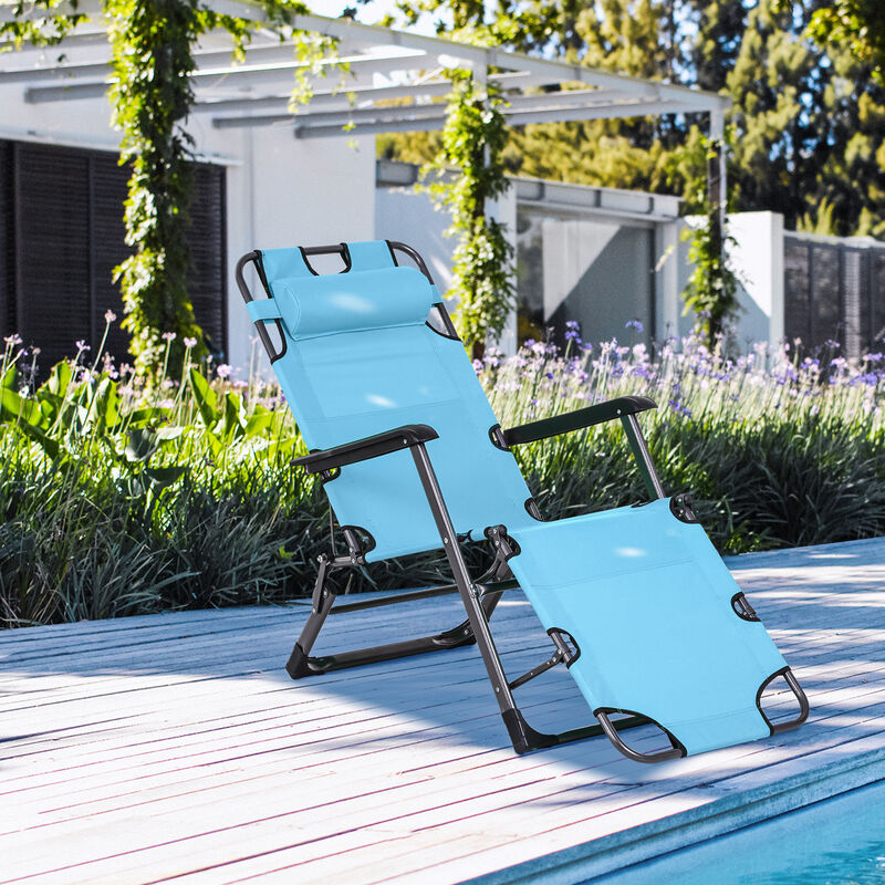 Outsunny Folding Chaise Lounge Chair for Outside, 2-in-1 Tanning Chair with Pillow & Pocket, Adjustable Pool Chair for Beach, Patio, Lawn, Deck, Blue