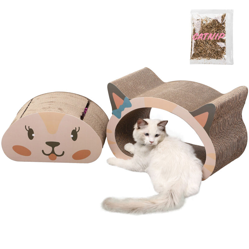 Opal Modern Cardboard Happy Cat Head 2-in-1 Cat Cave Scratcher with Built-In Bell Toys and Catnip