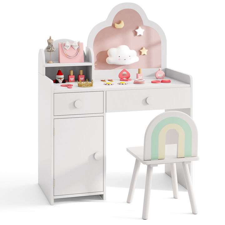 Kids Vanity Table and Chair Set with Cloud-shaped Mirror and Open Shelf