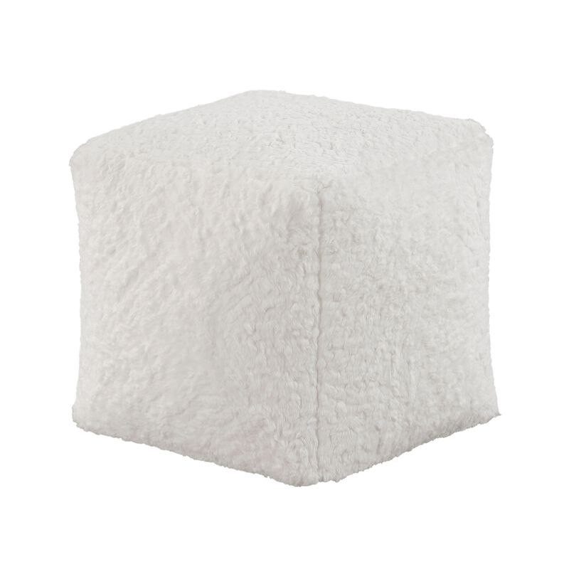 Modern Pouf Ottoman, Plush Off White Faux Fur Texture, 16 Inch Square