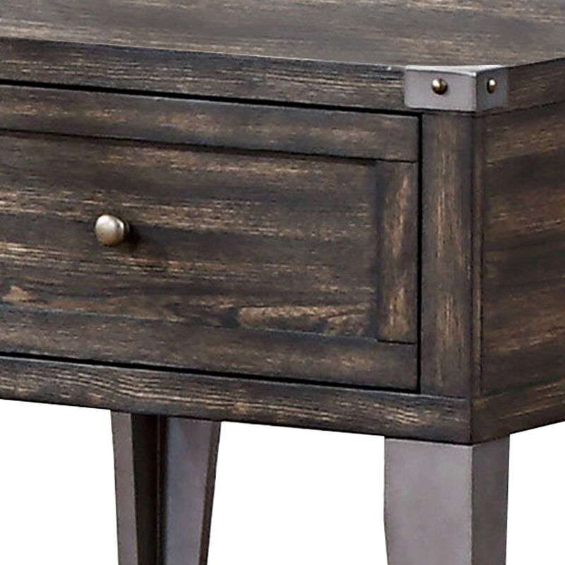 1 Drawer Wooden End Table with Metal Angled Legs, Brown